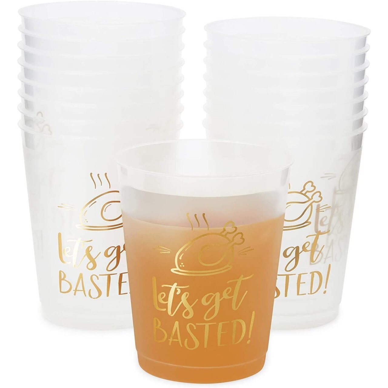 Sparkle and Bash 16 Pack Thanksgiving Plastic Cups, 16 oz Disposable Clear Tumblers - Let's Get Basted Gold Foil Design - Friendsgiving Holiday Party Supplies